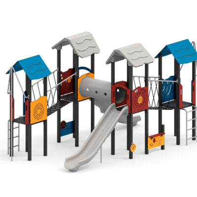 Spielanlage mit Rutschen, Kriechtunnel, Plankenbrücke, Kletterelemente und Spielwände