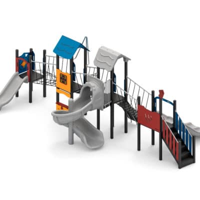 Große Spielanlage mit Doppelrutsche, Spiralrutsche, Planken & Netzbrücken und Kletterelementen