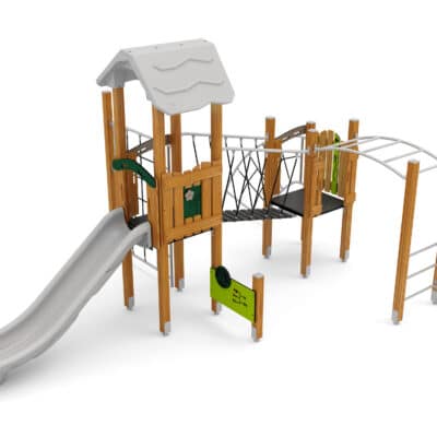 Spielturm mit Rutsche, Plankenbrücke, Kletternetz und Spielwände